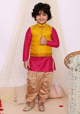 Yellow Embroidered Blended Kurta Dhoti Set For Boys