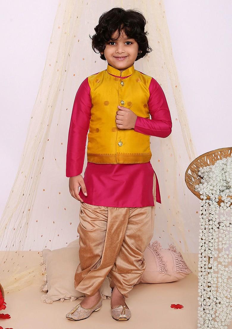 Yellow Embroidered Blended Kurta Dhoti Set For Boys - Indya