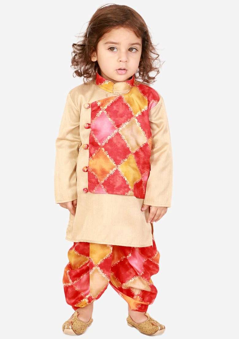 Beige Printed Blended Kurta Dhoti Set For Boys - Indya