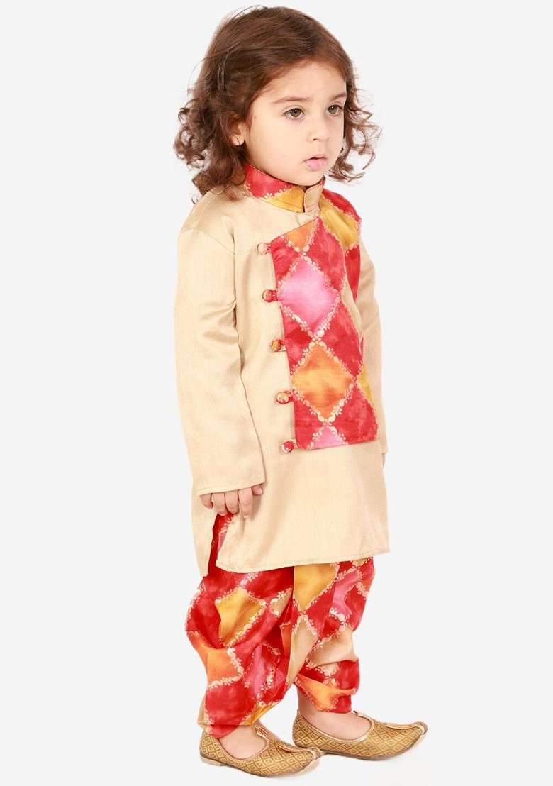 Beige Printed Blended Kurta Dhoti Set For Boys - Indya