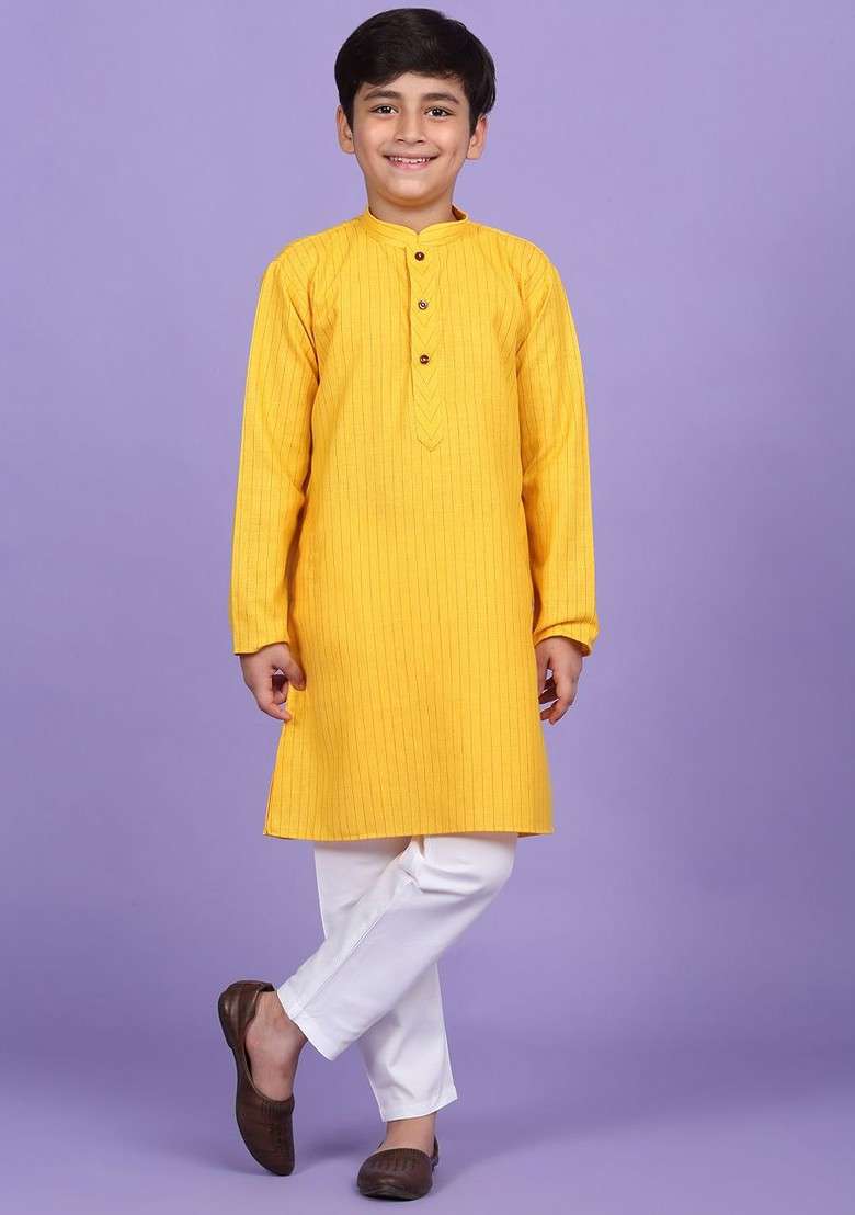 Yellow Striped Blended Kurta Set For Boys - Indya