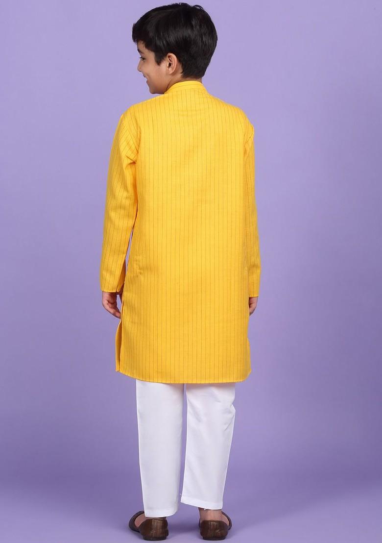 Yellow Striped Blended Kurta Set For Boys - Indya