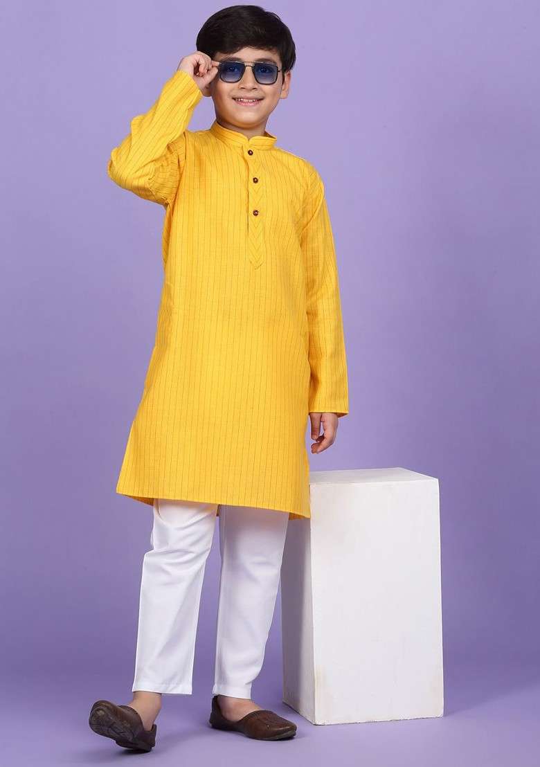 Yellow Striped Blended Kurta Set For Boys - Indya