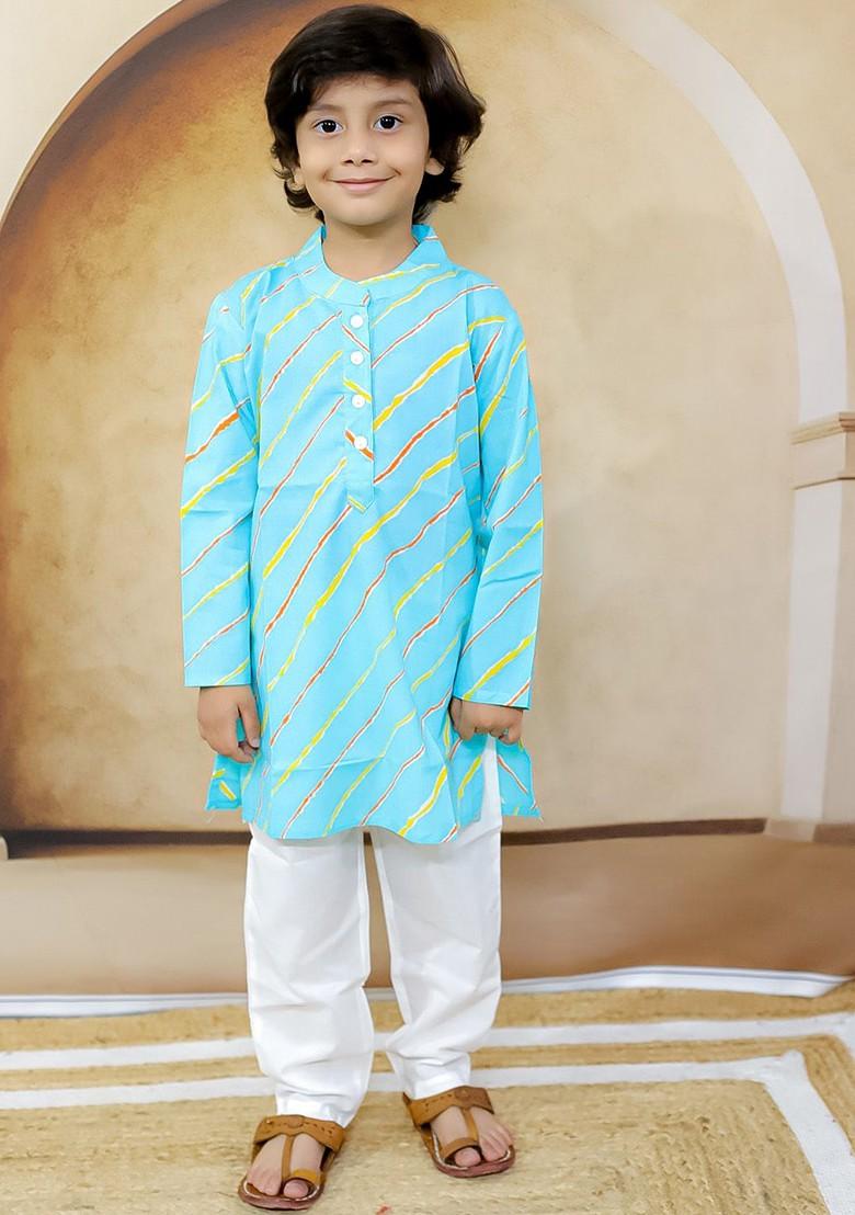 Blue Striped Cotton Kurta Set For Boys - Indya