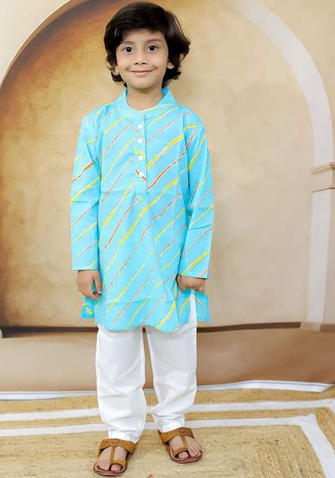 Blue Striped Cotton Kurta Set For Boys