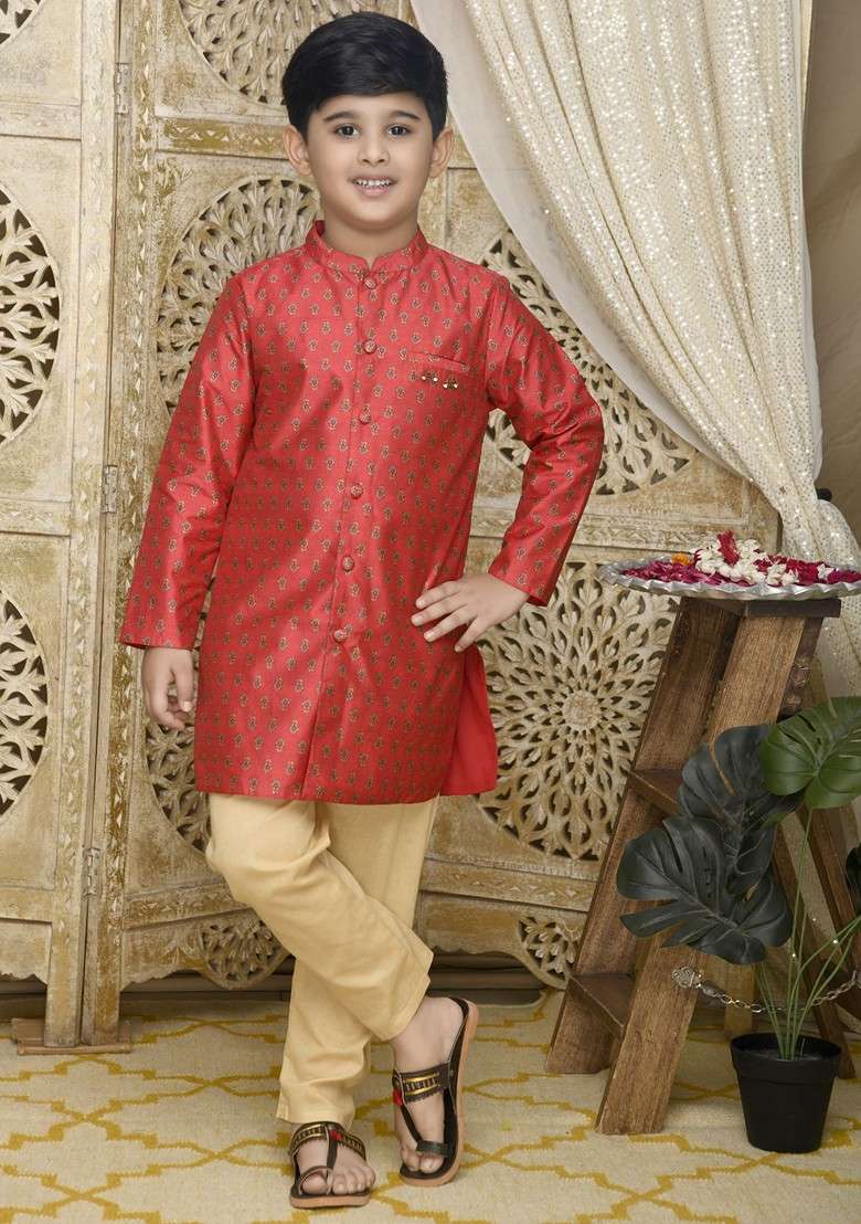 Maroon Printed Blended Kurta Set For Boys - Indya