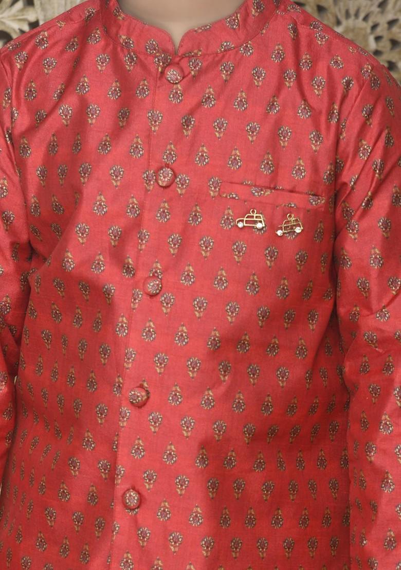 Maroon Printed Blended Kurta Set For Boys - Indya