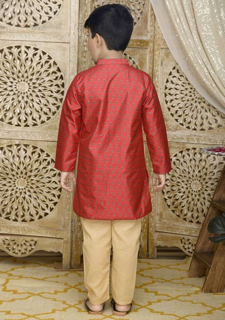 Maroon Printed Blended Kurta Set For Boys - Indya