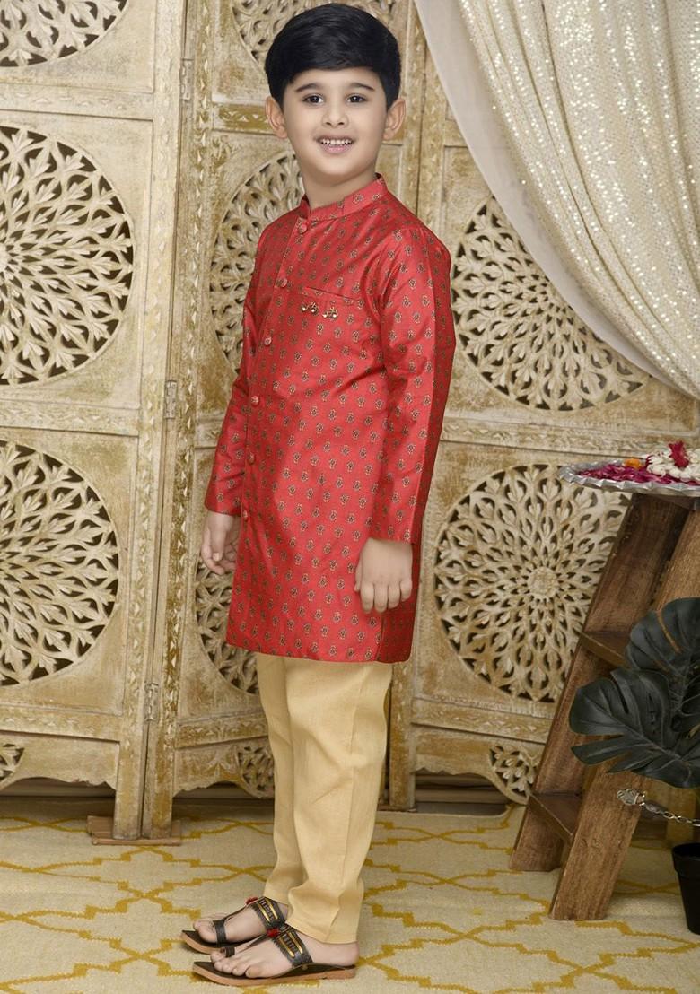 Maroon Printed Blended Kurta Set For Boys - Indya