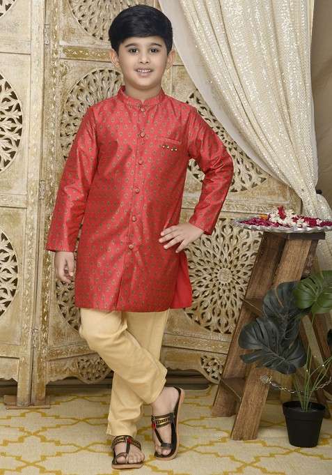 Maroon Printed Blended Kurta Set For Boys