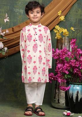 Cream Printed Cotton Kurta Set For Boys