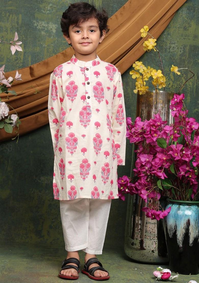 Cream Printed Cotton Kurta Set For Boys - Indya