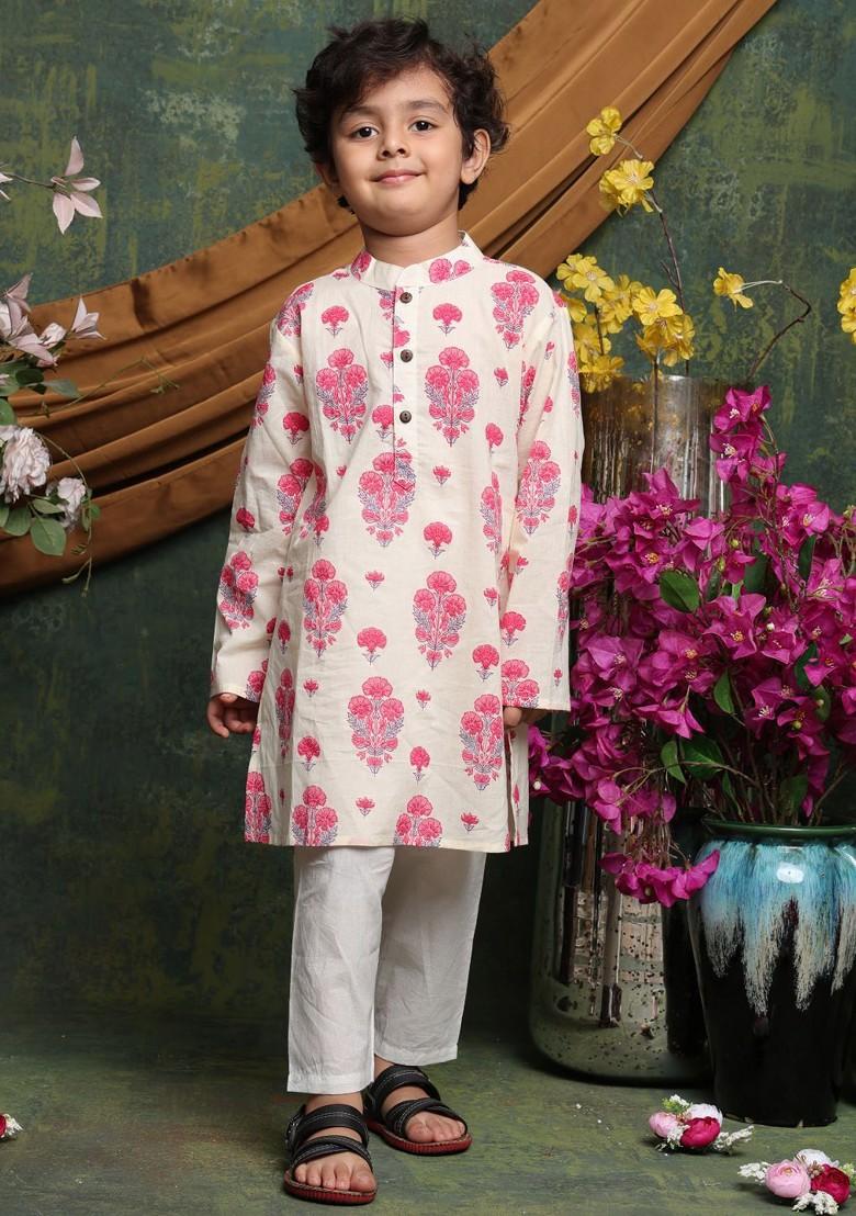 Cream Printed Cotton Kurta Set For Boys - Indya