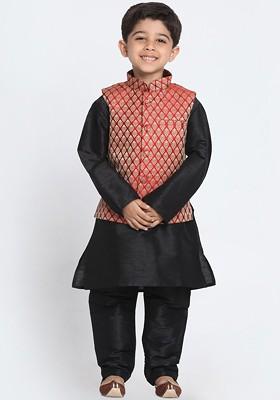 Black Embroidered Blended Nehru Jacket Set For Boys