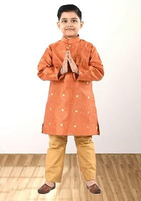 Orange Printed Blended Kurta Set For Boys