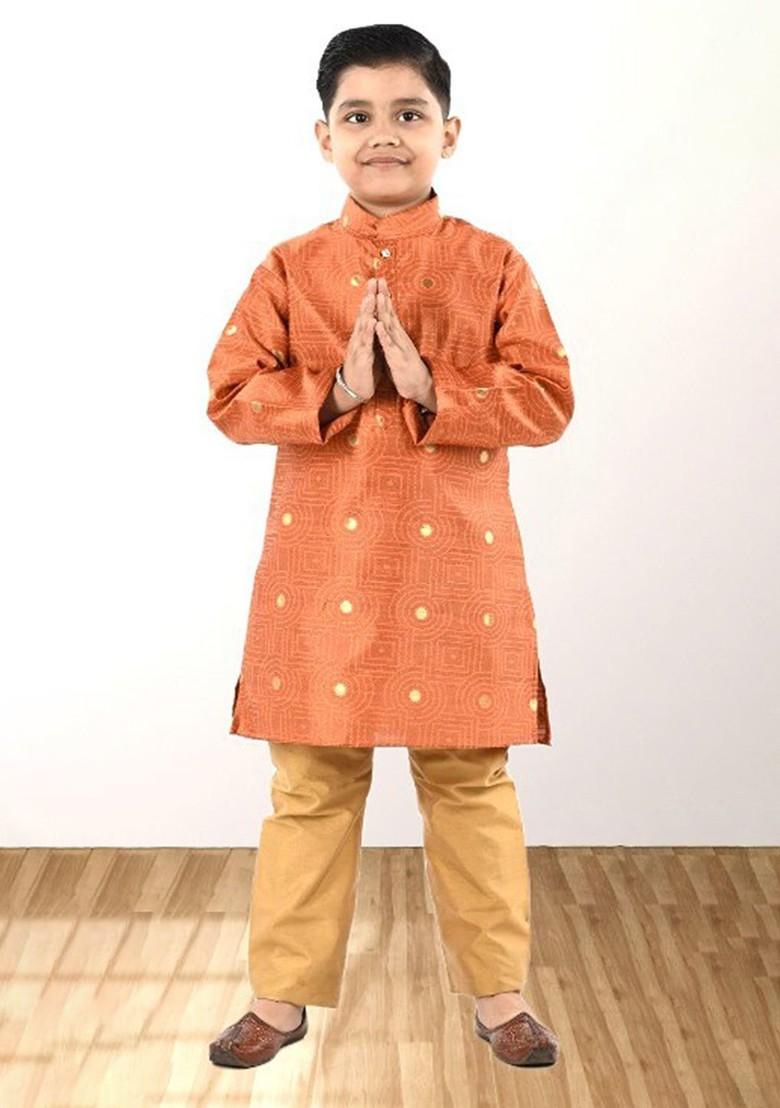 Orange Printed Blended Kurta Set For Boys - Indya