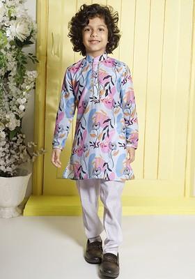 Blue Printed Cotton Kurta Set For Boys