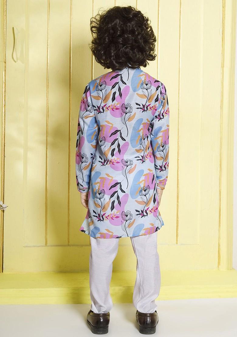Blue Printed Cotton Kurta Set For Boys - Indya