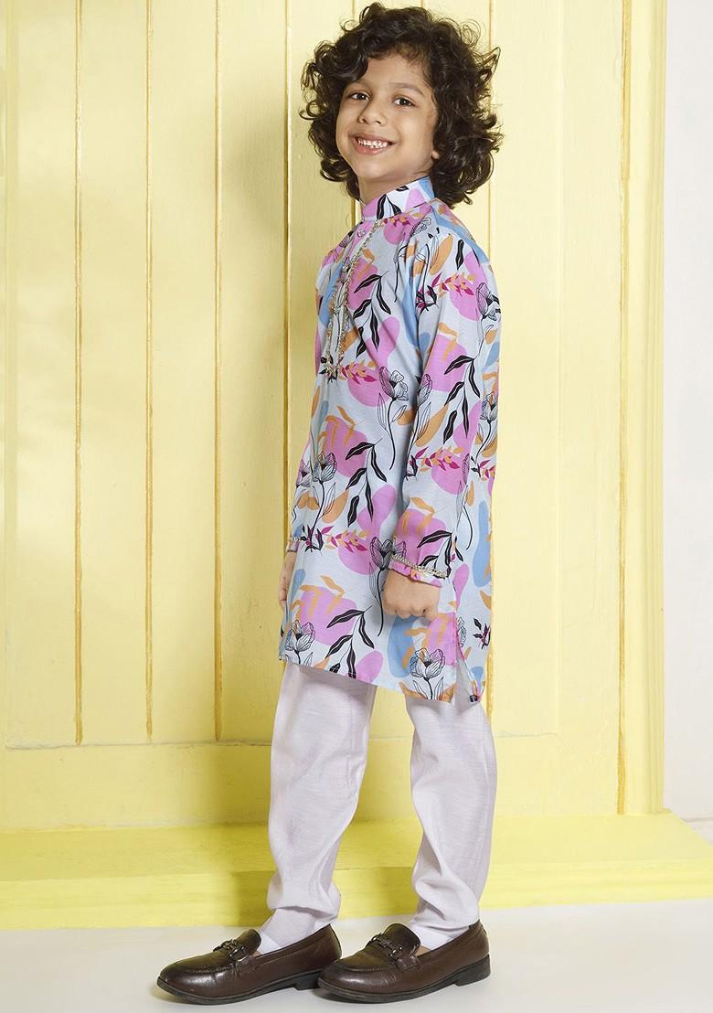 Blue Printed Cotton Kurta Set For Boys - Indya