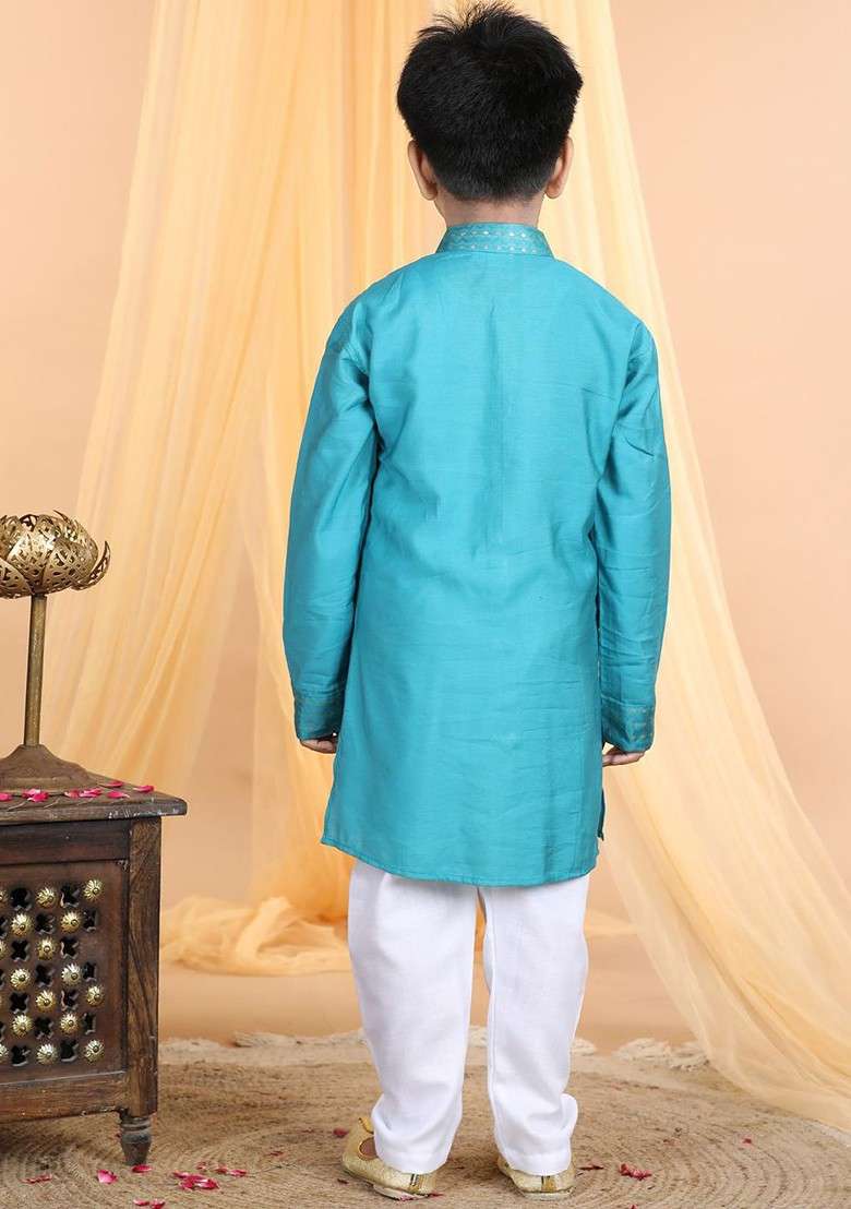 Blue Woven Design Cotton Kurta Set For Boys - Indya