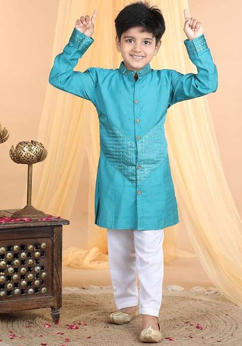 Blue Woven Design Cotton Kurta Set For Boys