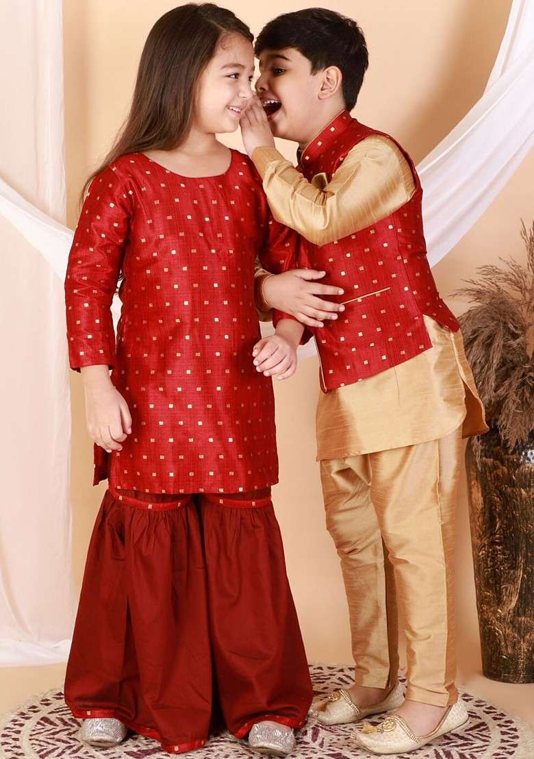 Rose Gold Embroidered Blended Nehru Jacket Set For Boys - Indya