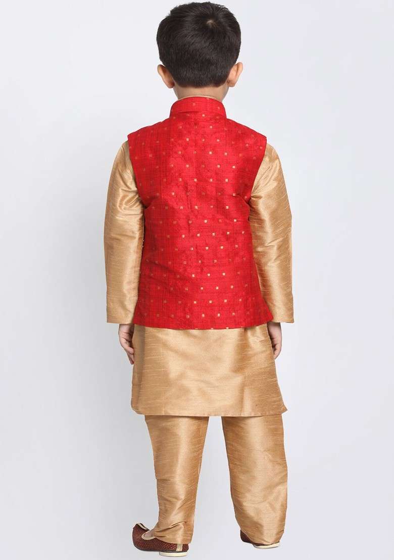 Rose Gold Embroidered Blended Nehru Jacket Set For Boys - Indya