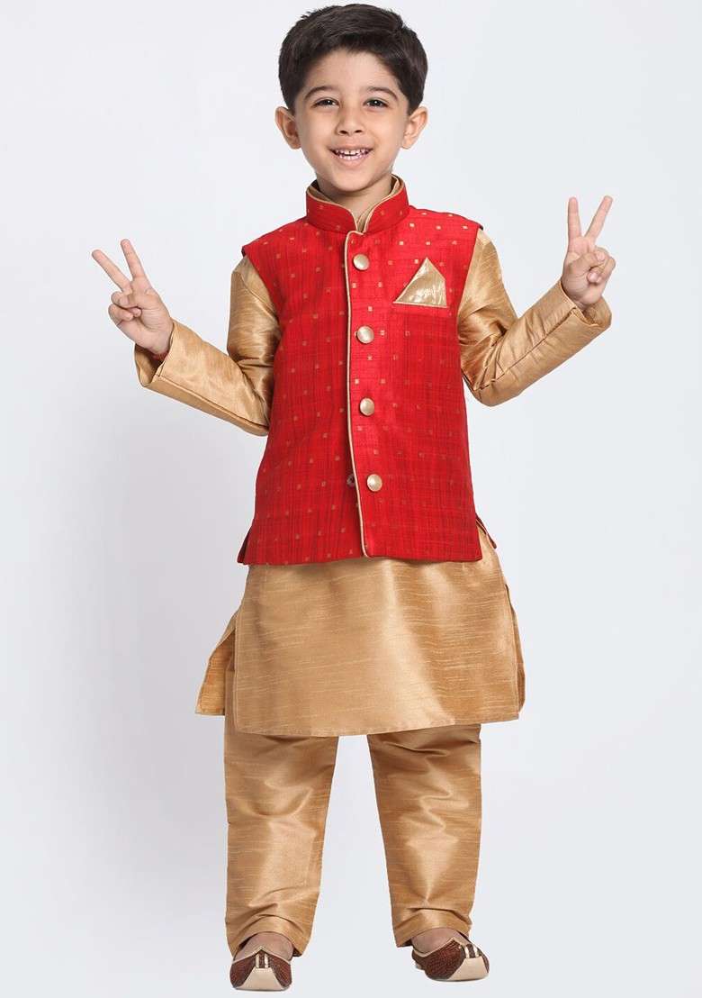 Rose Gold Embroidered Blended Nehru Jacket Set For Boys - Indya
