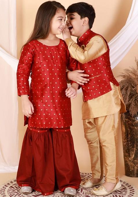 Rose Gold Embroidered Blended Nehru Jacket Set For Boys