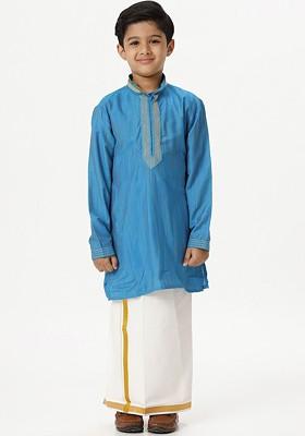 Blue Embroidered Blended Kurta Dhoti Set For Boys