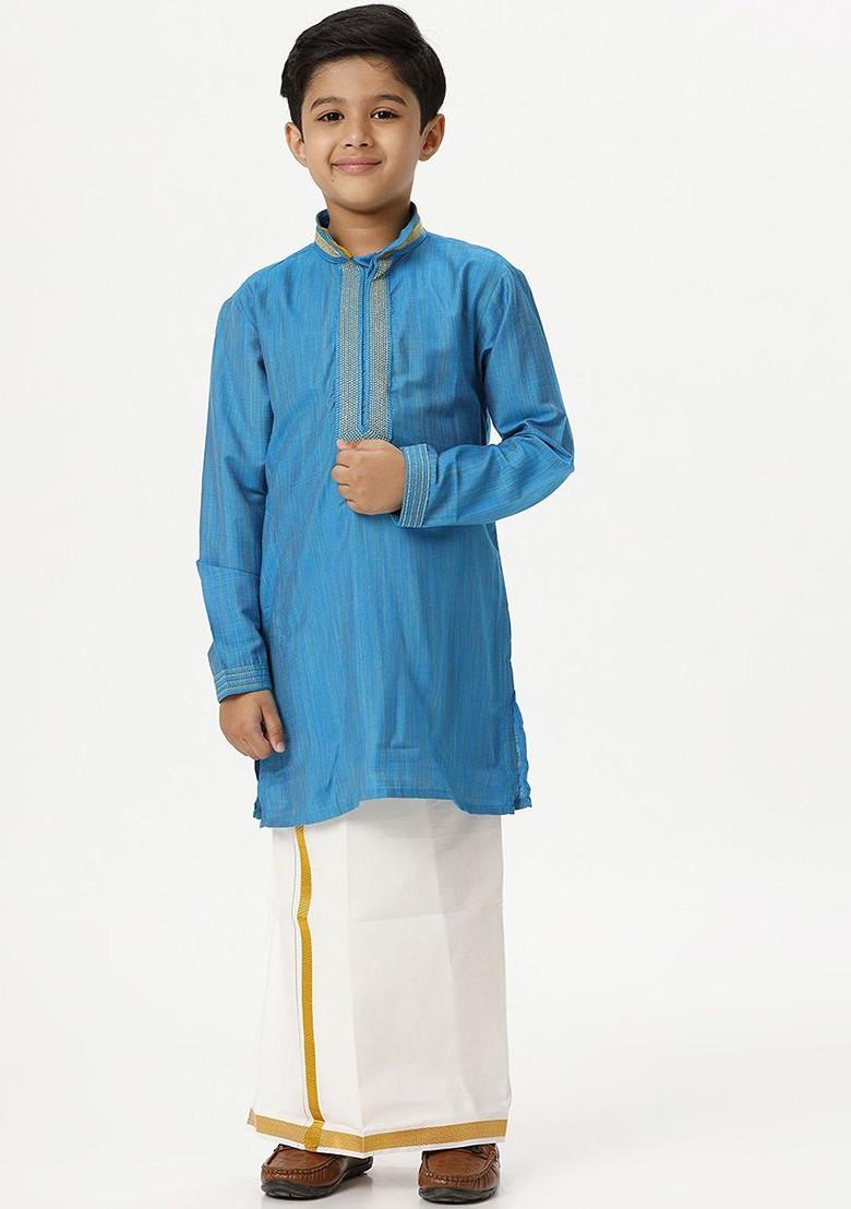 Blue Embroidered Blended Kurta Dhoti Set For Boys - Indya