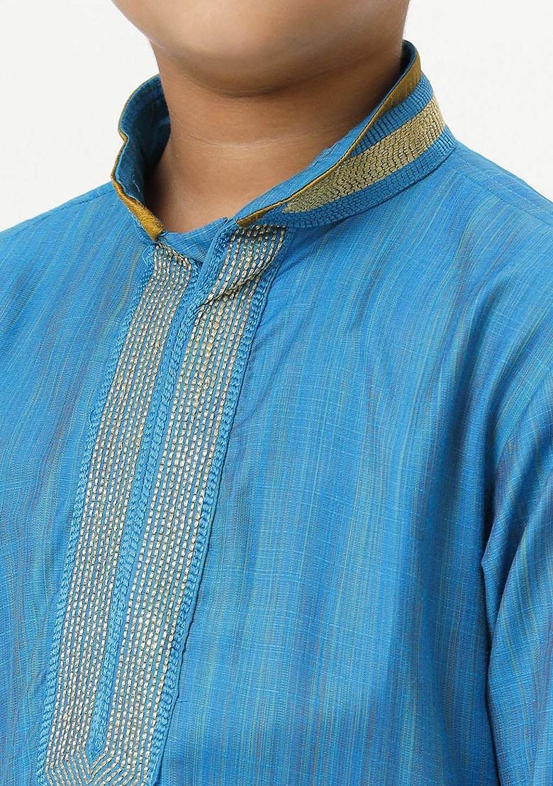 Blue Embroidered Blended Kurta Dhoti Set For Boys - Indya
