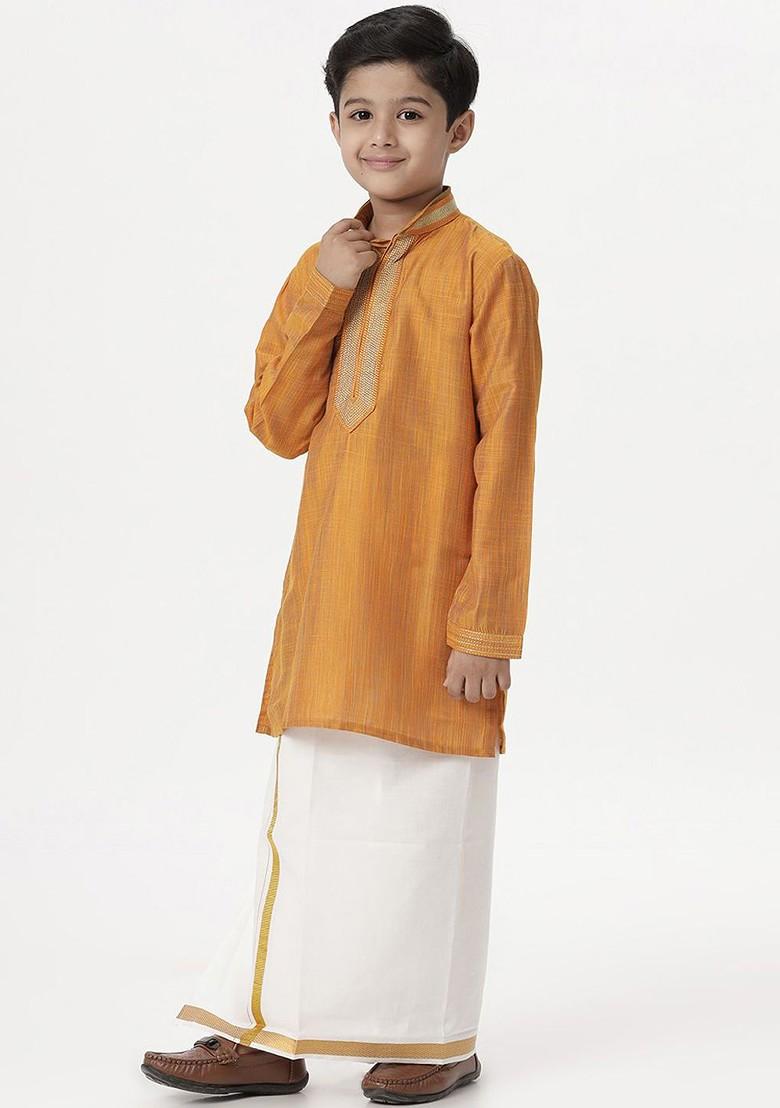 Orange Embroidered Blended Kurta Dhoti Set For Boys - Indya