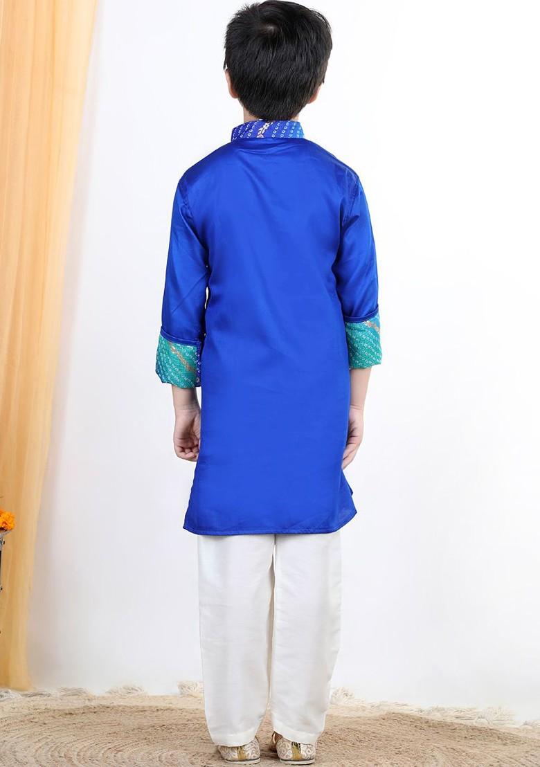 Blue Printed Cotton Kurta Set For Boys - Indya