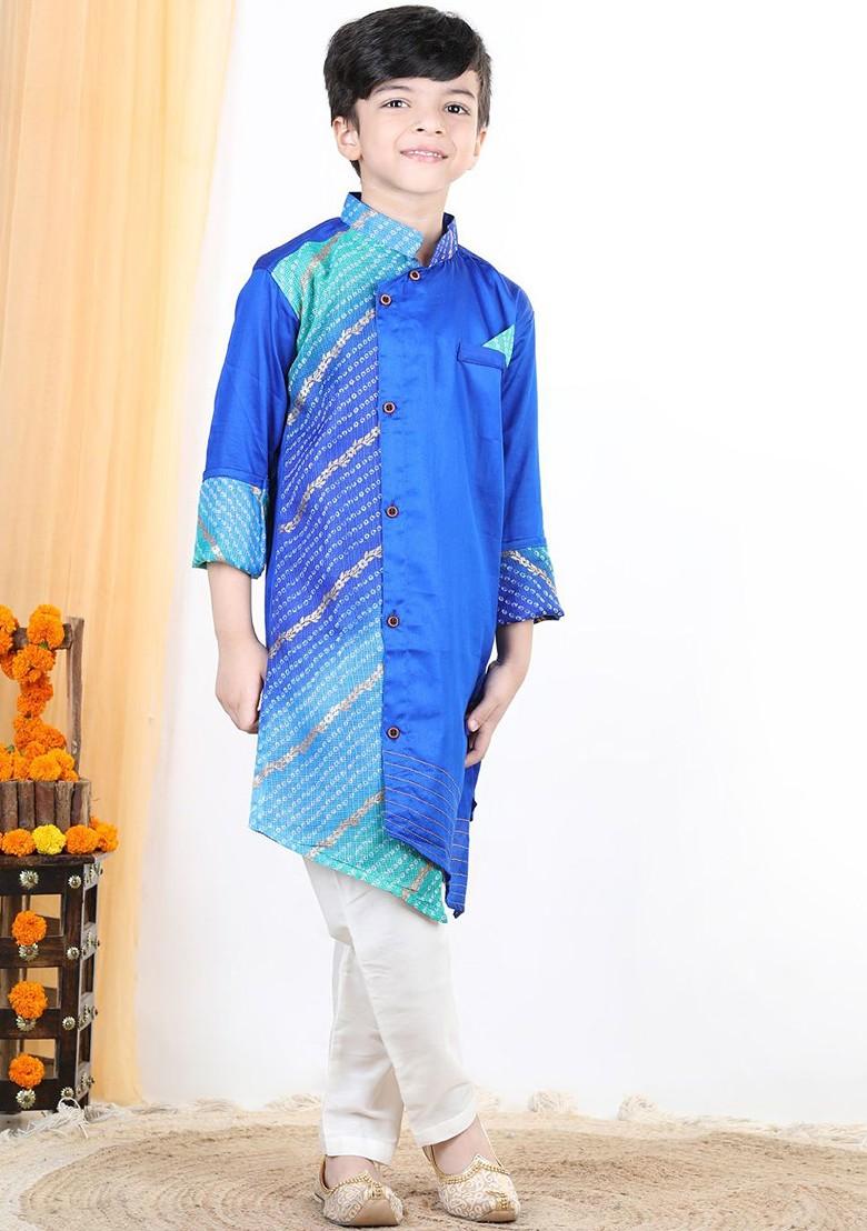 Blue Printed Cotton Kurta Set For Boys - Indya