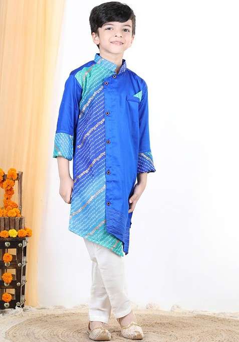 Blue Printed Cotton Kurta Set For Boys