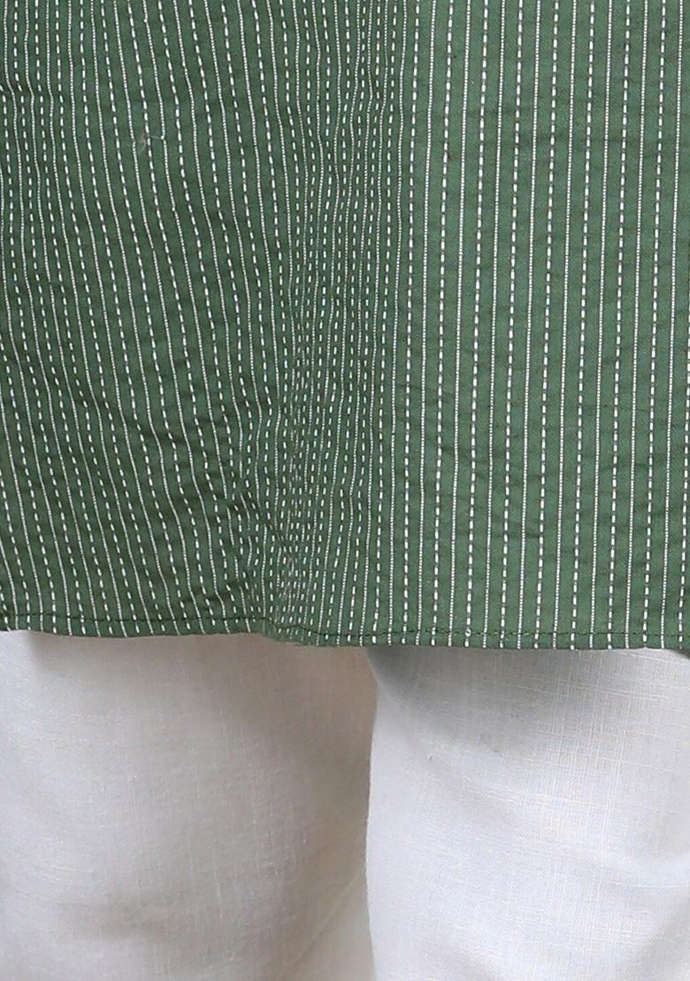 Green Striped Cotton Nehru Jacket Set For Boys - Indya
