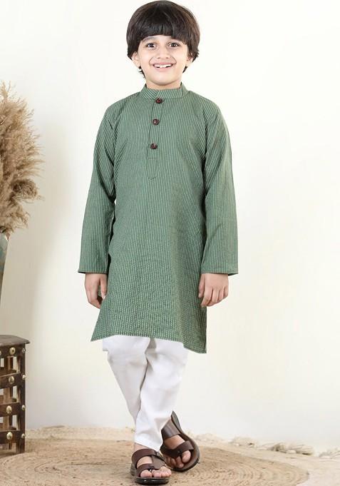 Green Striped Cotton Nehru Jacket Set For Boys — view on Indya