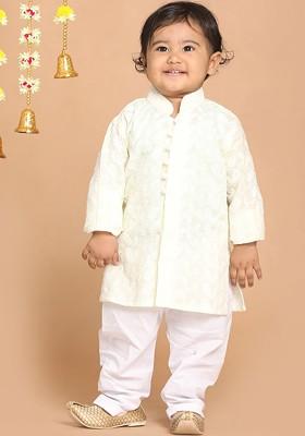 Yellow Embroidered Cotton Kurta Set For Boys