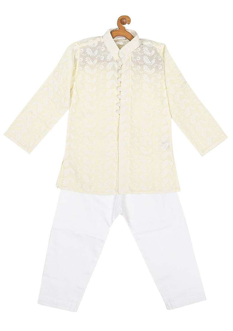 Yellow Embroidered Cotton Kurta Set For Boys - Indya