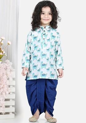 Blue Printed Cotton Kurta Dhoti Set For Boys