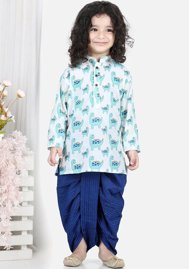 Blue Printed Cotton Kurta Dhoti Set For Boys - Indya