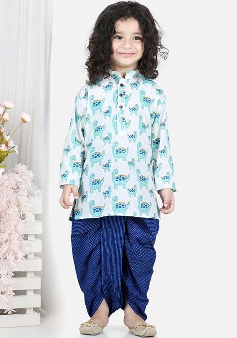 Blue Printed Cotton Kurta Dhoti Set For Boys