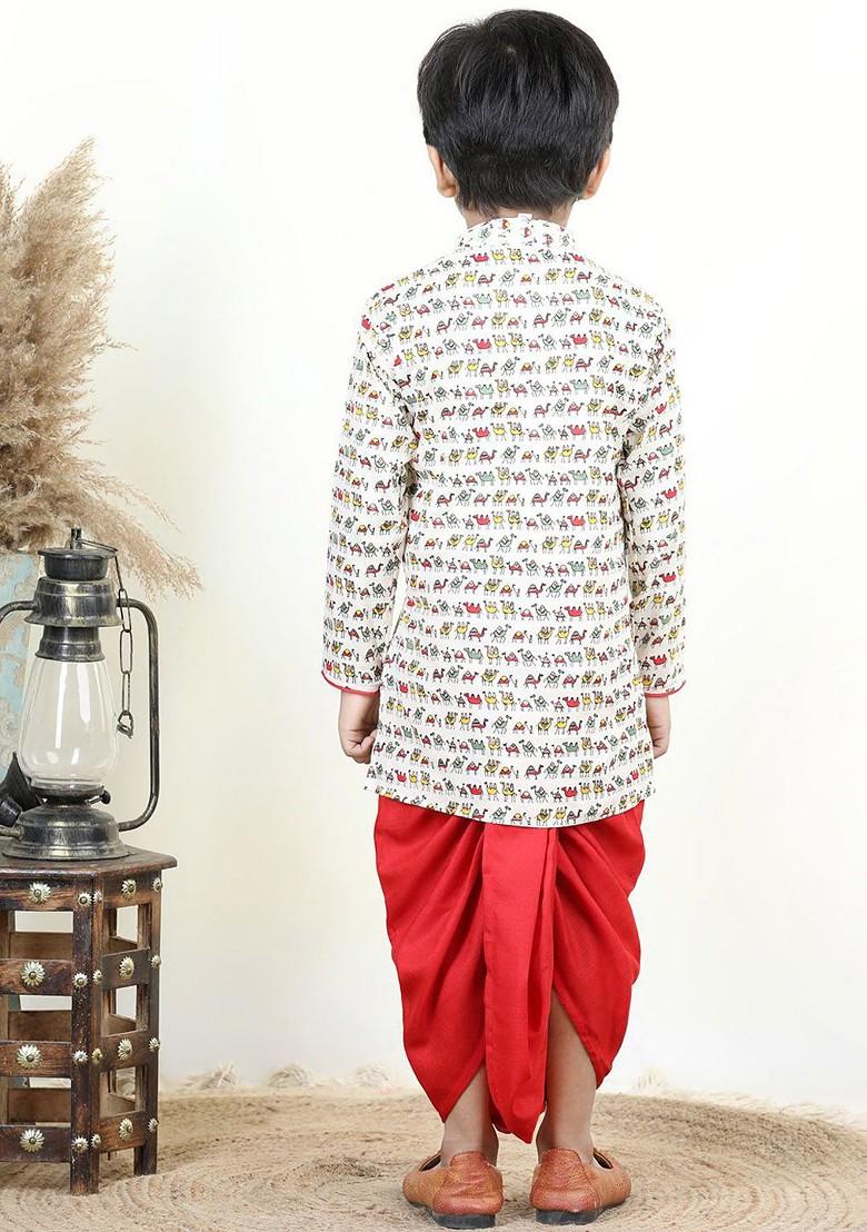 Red Printed Cotton Kurta Dhoti Set For Boys - Indya