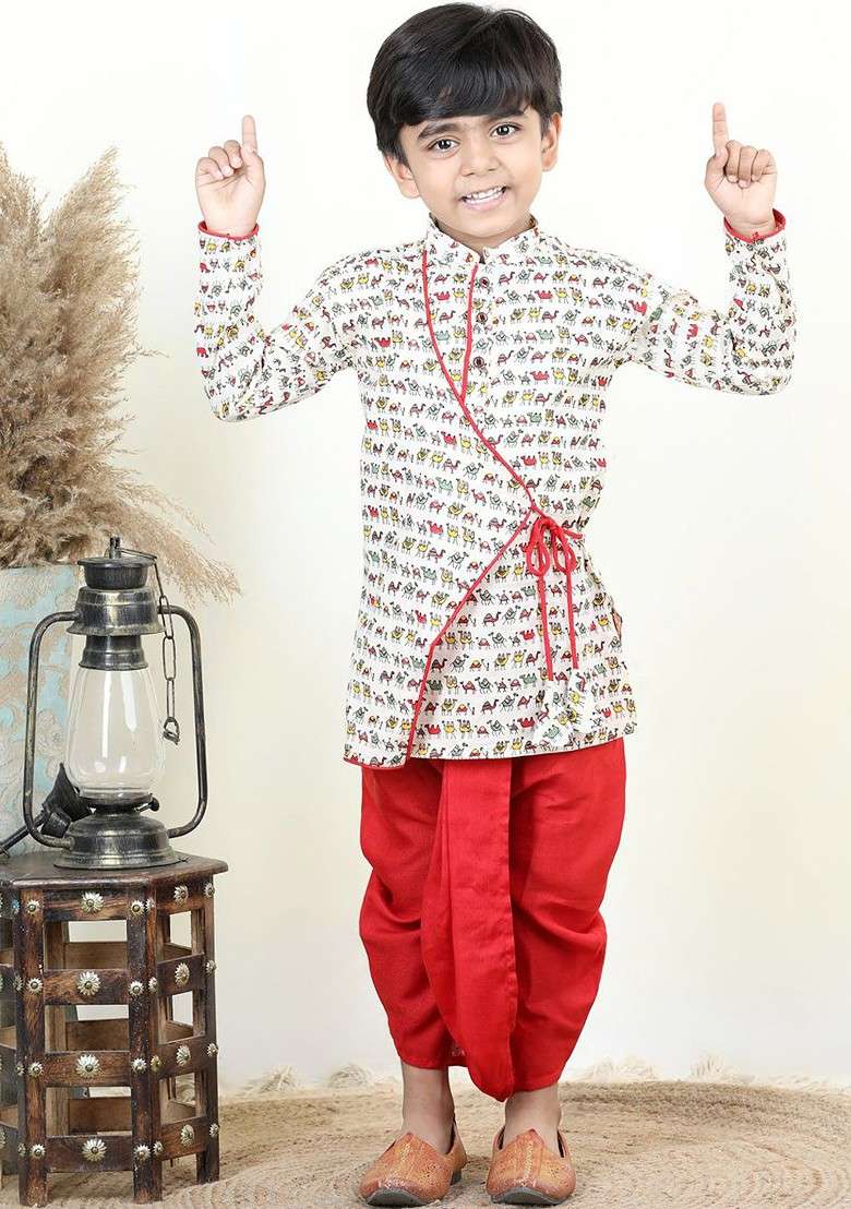 Red Printed Cotton Kurta Dhoti Set For Boys - Indya