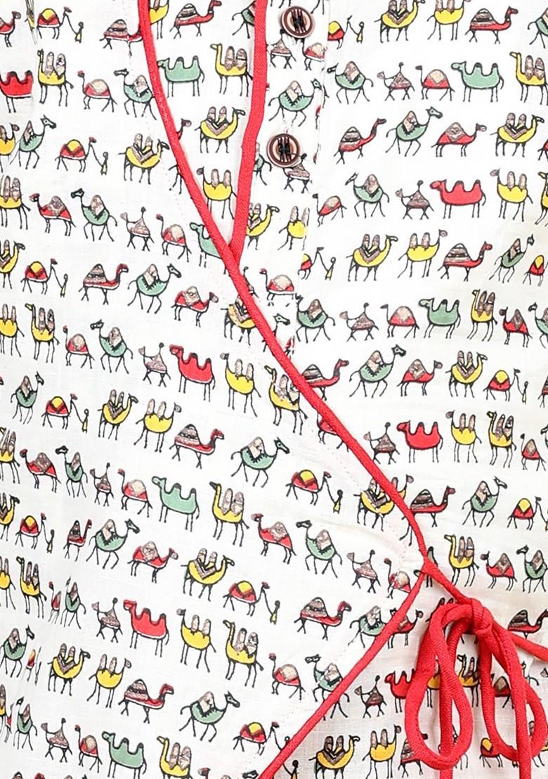 Red Printed Cotton Kurta Dhoti Set For Boys - Indya