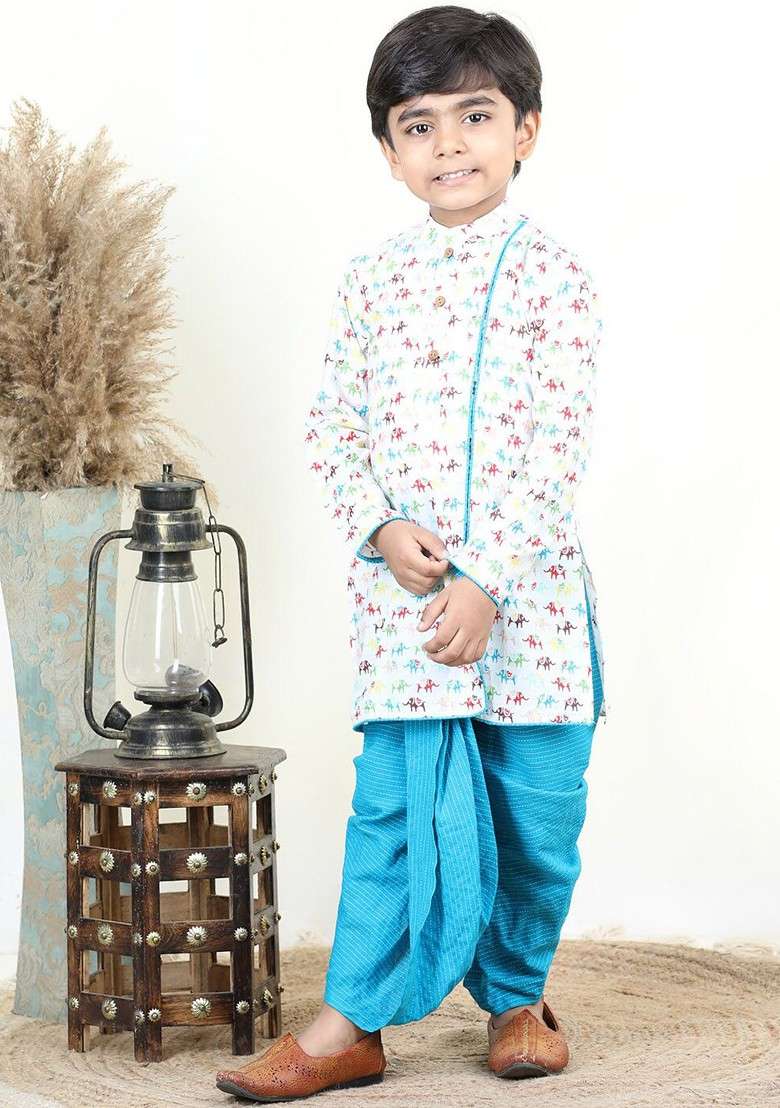 Blue Printed Cotton Kurta Dhoti Set For Boys - Indya