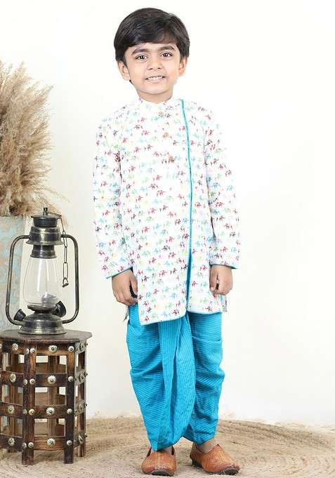 Blue Printed Cotton Kurta Dhoti Set For Boys