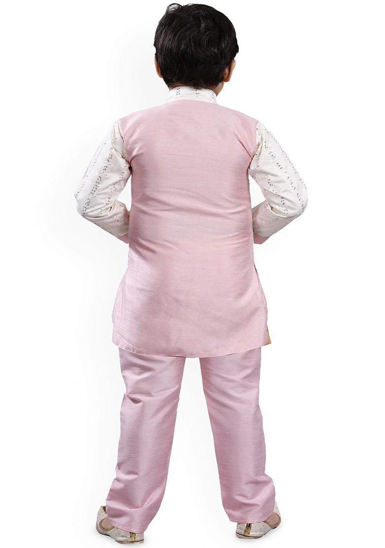 Pink Embroidered Blended Kurta Set For Boys - Indya