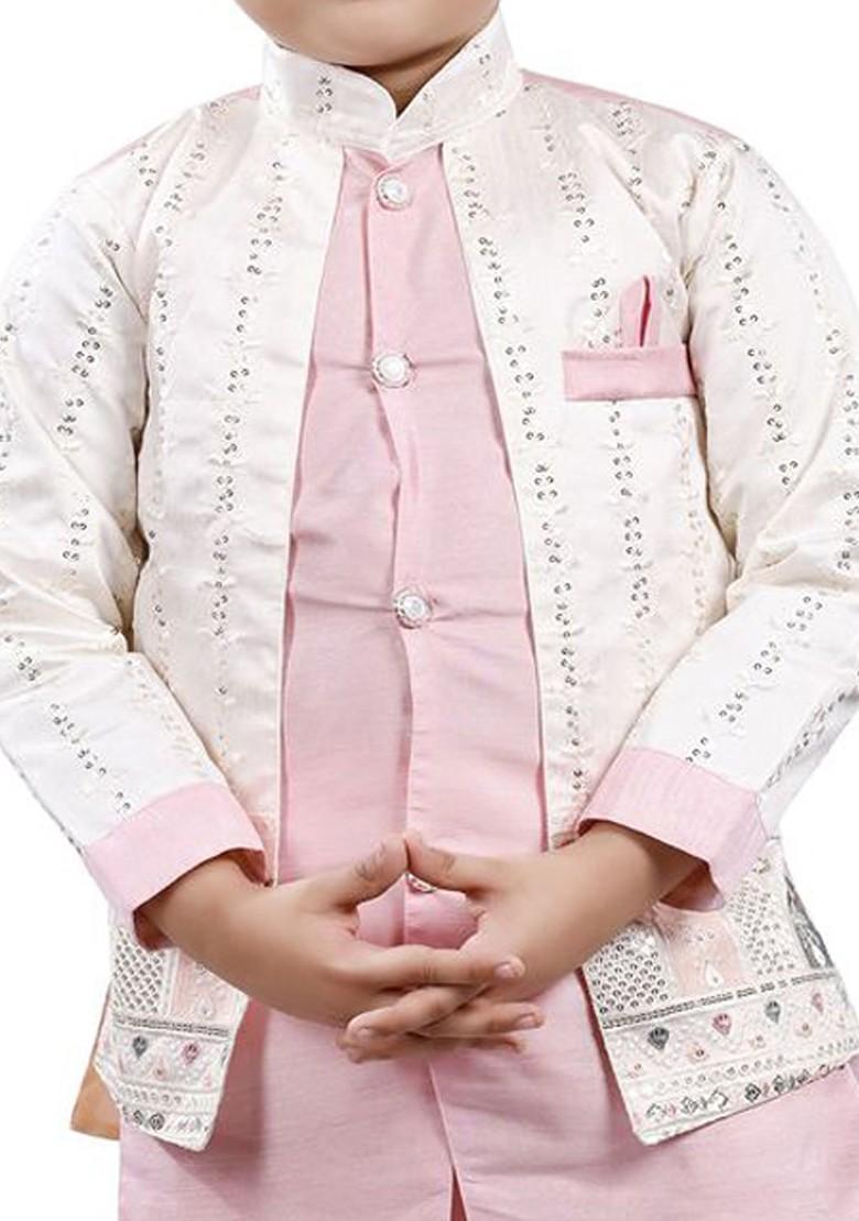 Pink Embroidered Blended Kurta Set For Boys - Indya